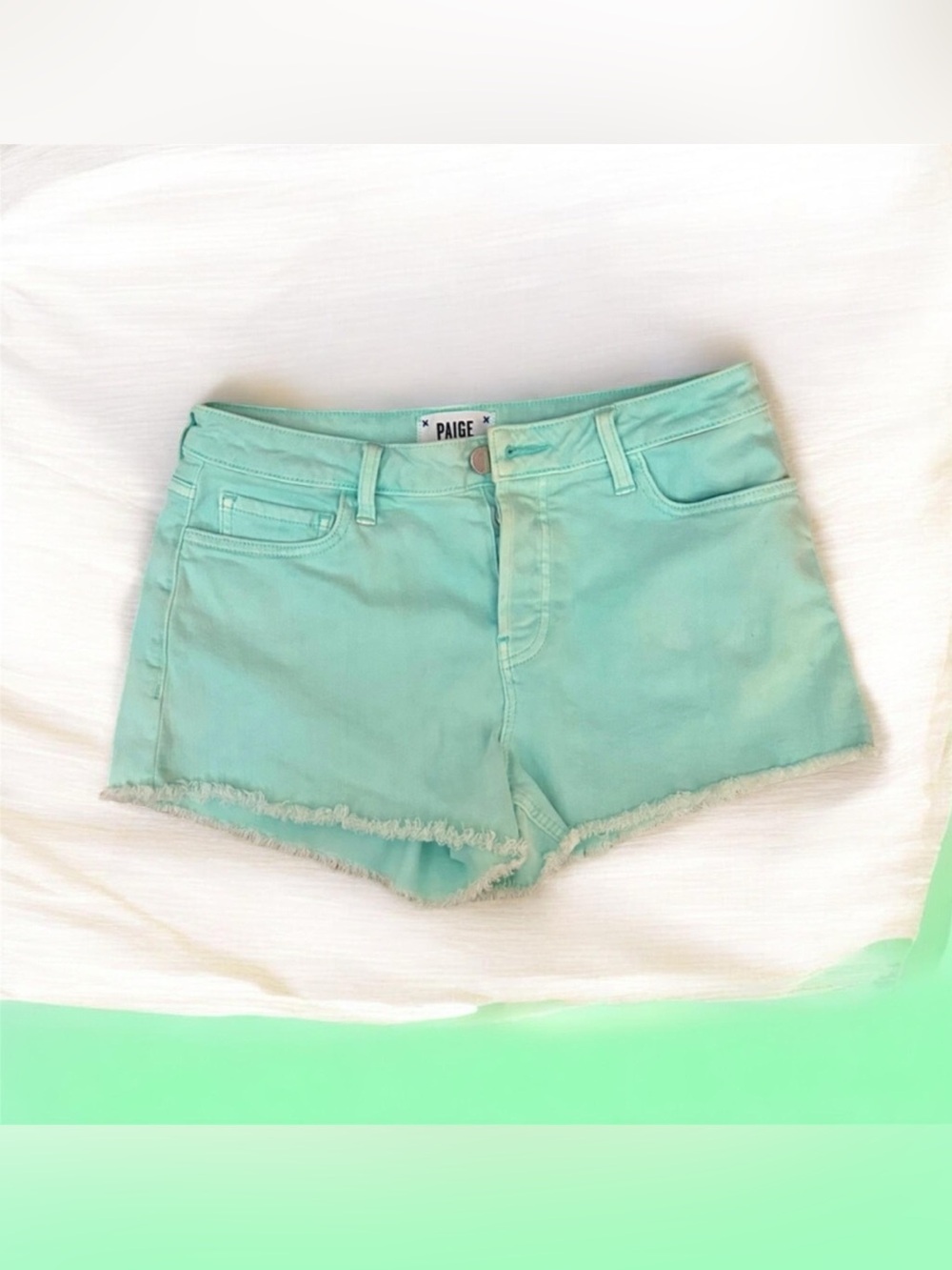 PAIGE Mint Teal Frayed Hem Denim Shorts size 27